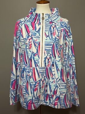 Lilly Pulitzer Pink & Blue Half-Zip Skipper Popover Red Right Return Top - XL